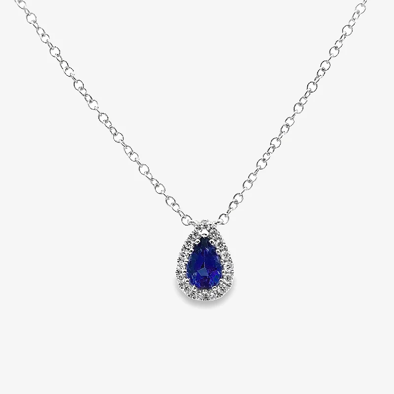 Pear Shaped Blue Sapphire & Diamond Halo Necklace