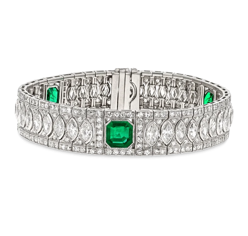 Art Deco Untreated Colombian Emerald and Diamond Bracelet