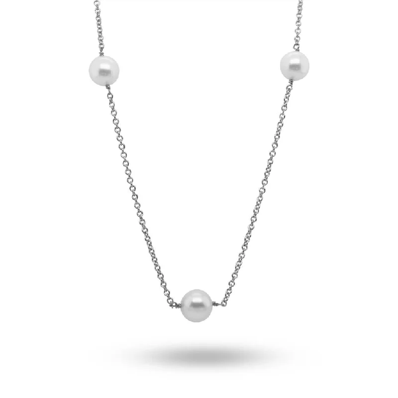 14k White Gold 7 Pearl Station Necklace