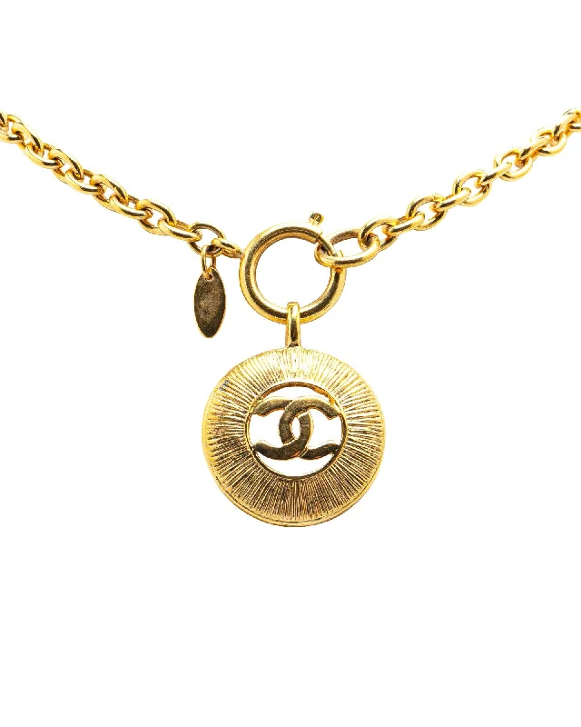 Gold Plated CC Round Pendant Necklace with Spring Ring Closure