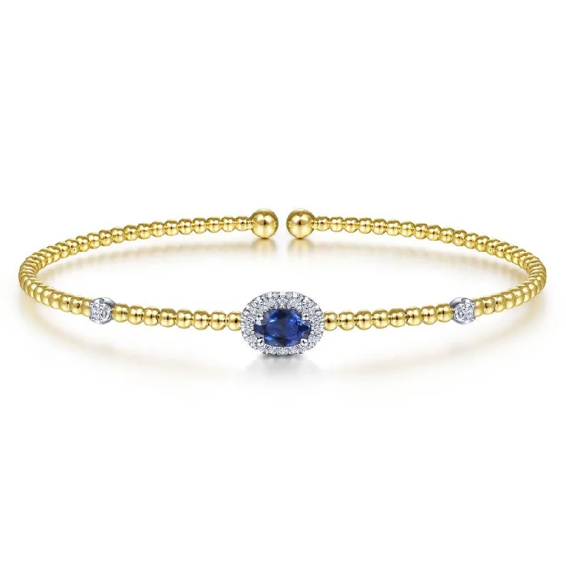 Gabriel & Co. - BG4435-62M45SA - 14K White-Yellow Gold Bujukan Bead Cuff Bracelet with Sapphire and Diamond Halo Station