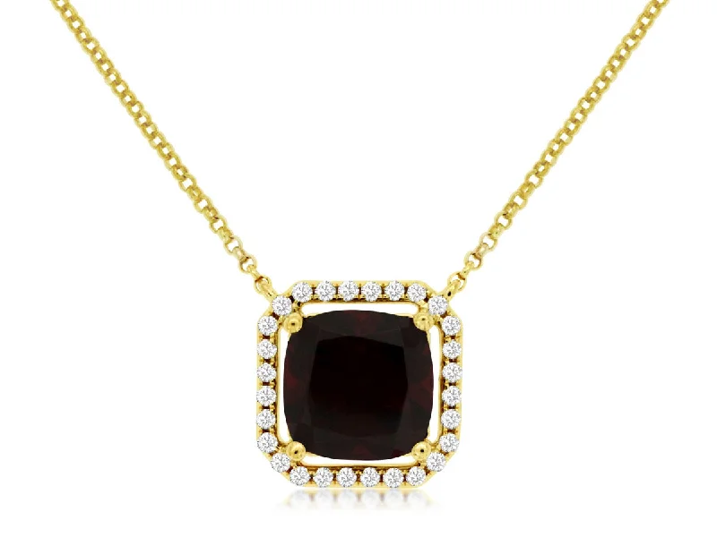 14K Yellow Gold Cushion Cut Garnet and Diamond Halo Pendant Necklace