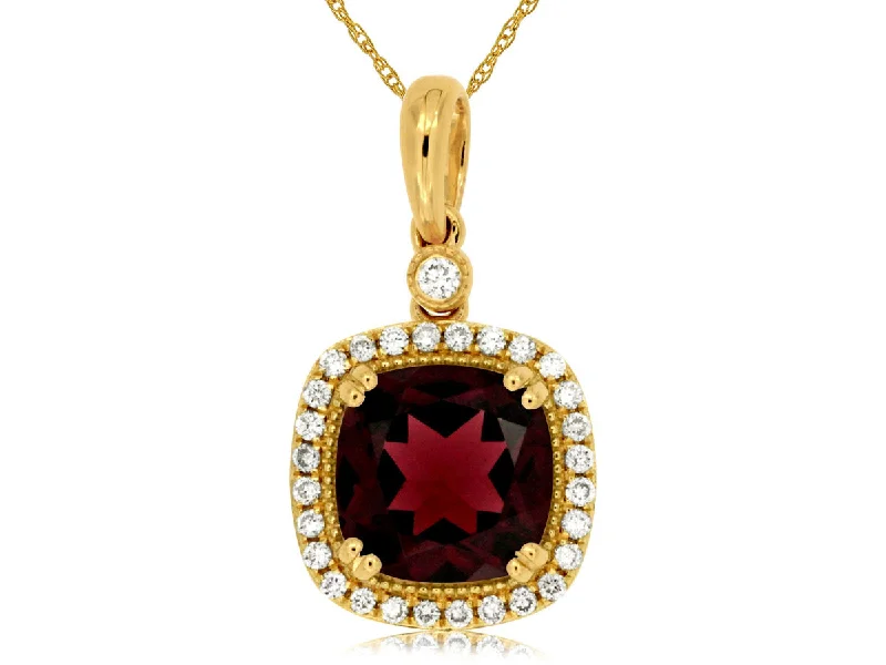 14K Yellow Gold Cushion Cut Garnet Diamond Halo Pendant Necklace