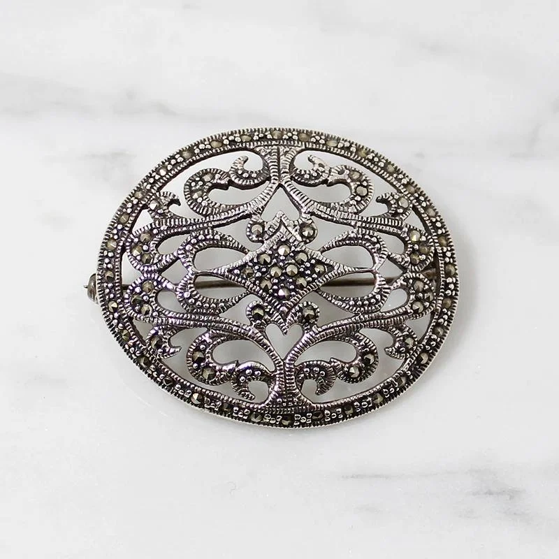 Romantic Deco Revival Sterling & Marcasite Brooch