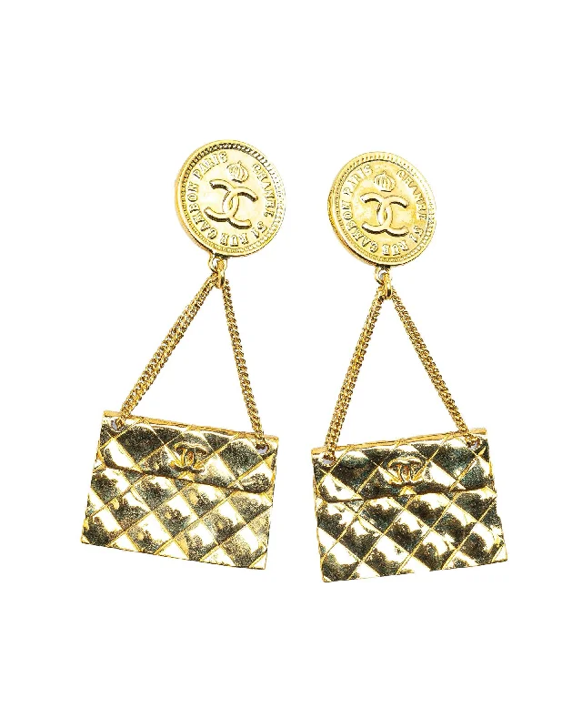 Gold Plated Flap Bag Clip On Earrings