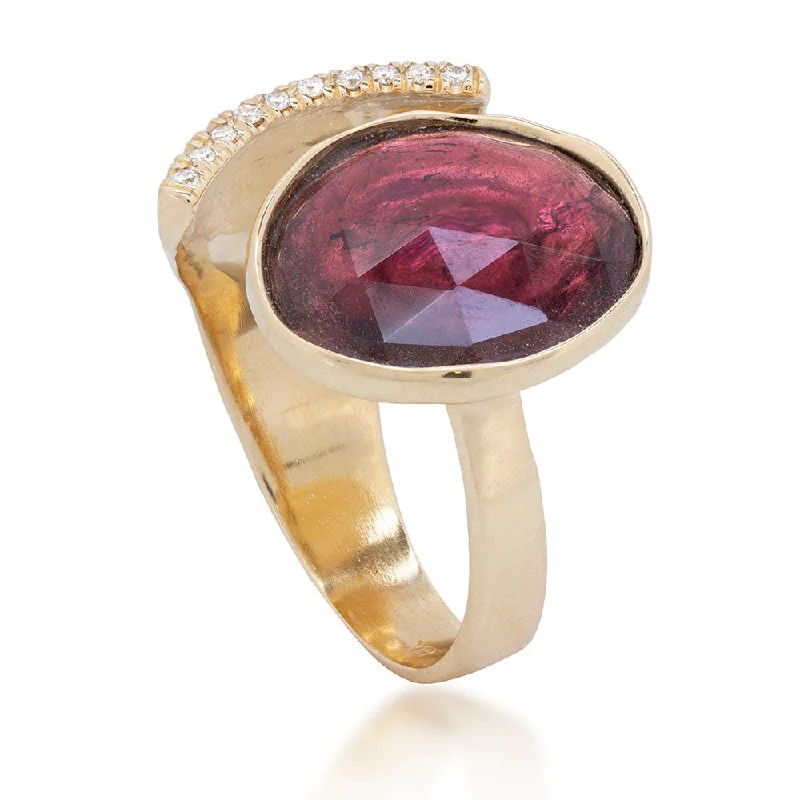 Asymmetrical Rose Cut Tourmaline Ring With Diamonds Arch