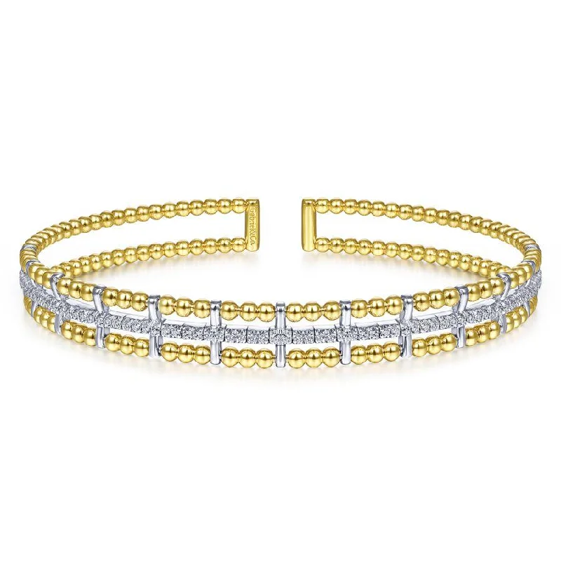 Gabriel & Co. - BG4323-62M45JJ - 14K Yellow and White Gold Bujukan Bead Cuff Bracelet with Inner Diamond Channel