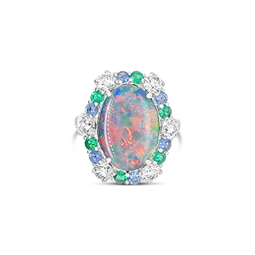 Opal, Emerald, Sapphire & Diamond Ring