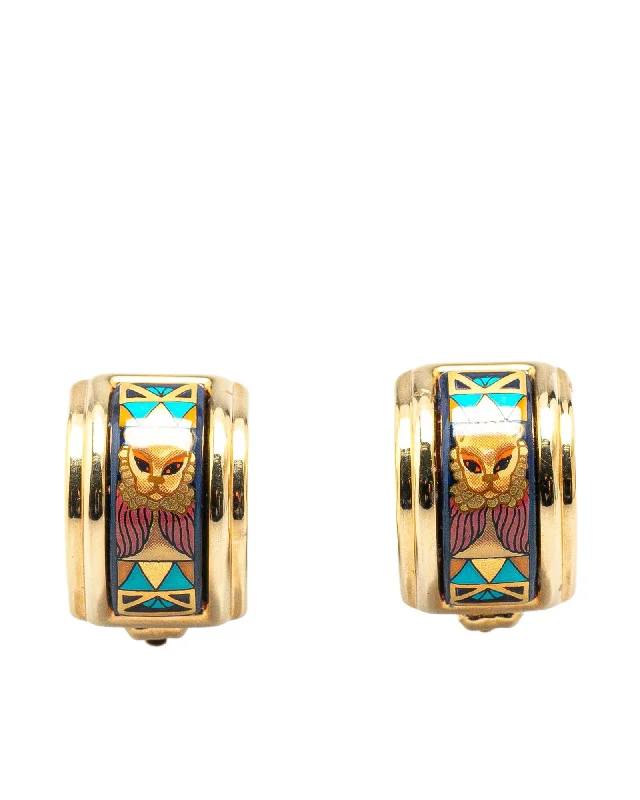 Enamel Lion Head Cloisonne Clip-On Earrings with Gold-Plated Hardware