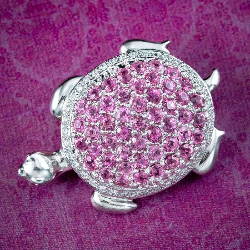 Vintage Pink Tourmaline Diamond Turtle Brooch 18ct Gold