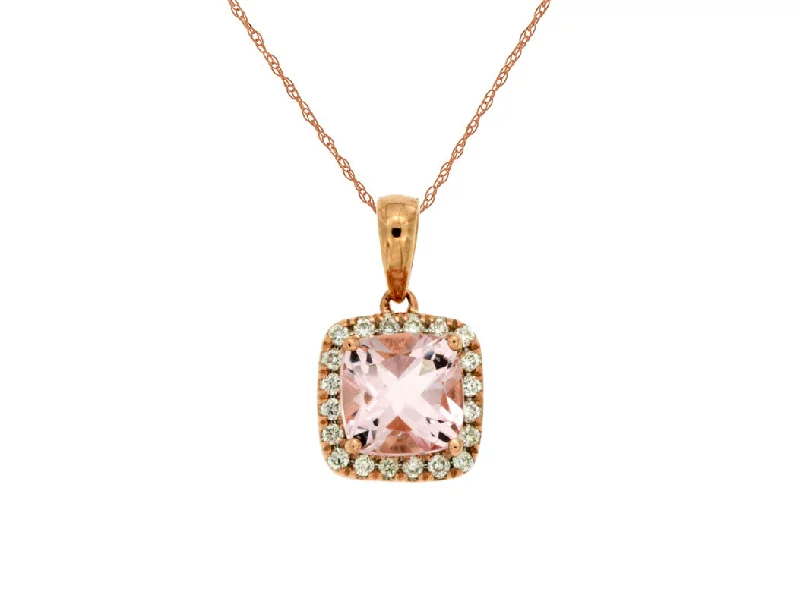 14K Rose Gold Cushion Cut Morganite with Diamond Halo Pendant Necklace