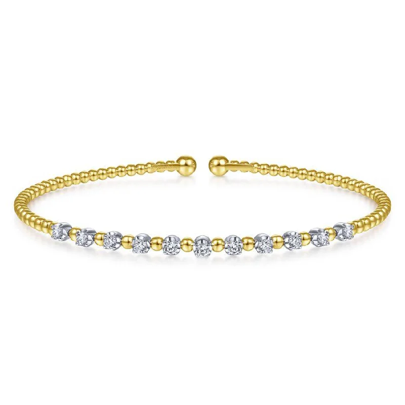 Gabriel & Co. - BG4279-62M45JJ - 14K Yellow Gold Bujukan Bead Split Cuff Bracelet with Round White Gold Diamond Stations