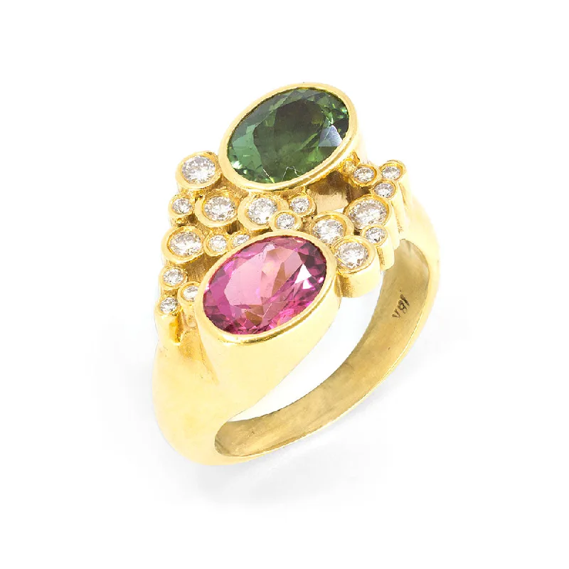 Red & Green Tourmaline Duet Ring with Terraced Cluster Diamonds