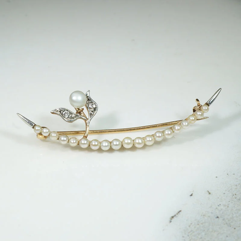 Crescent Moon Brooch with Pearl & Diamond Sprig