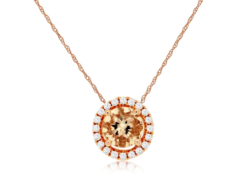 14K Rose Gold Round Morganite Diamond Halo Pendant Necklace