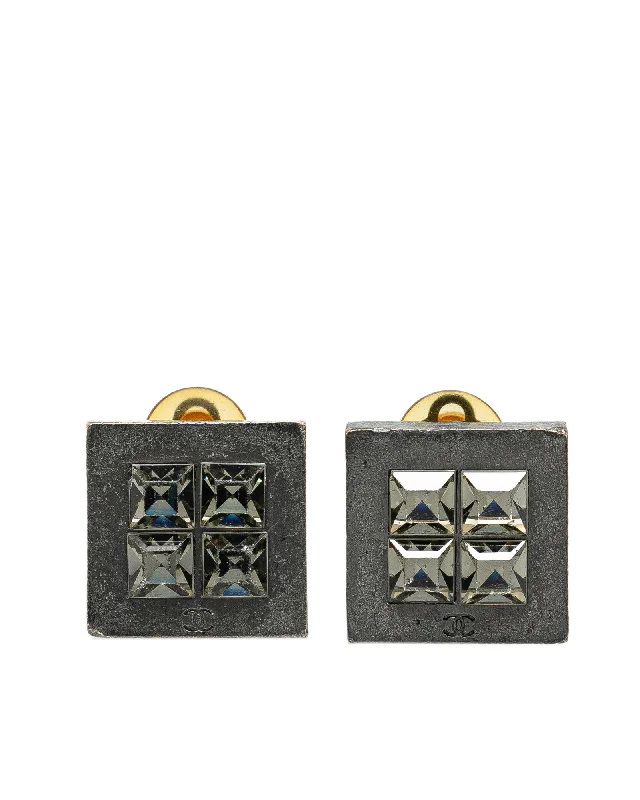 Brass Rhinestone Square Clip-On Earrings