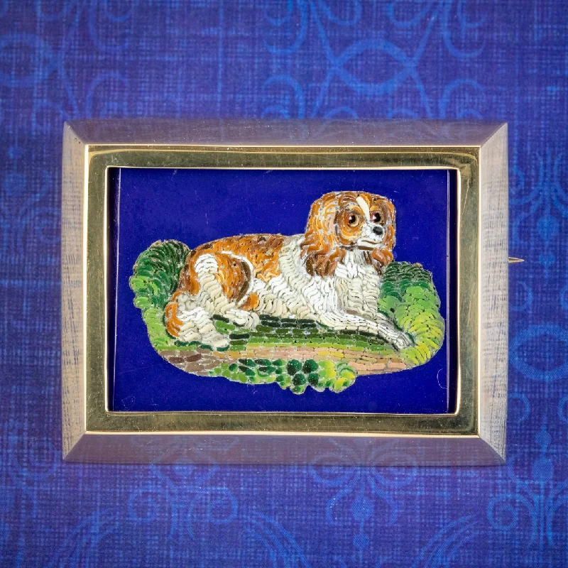 Antique Victorian Micro Mosaic Dog Brooch 15ct Gold Frame Circa 1860