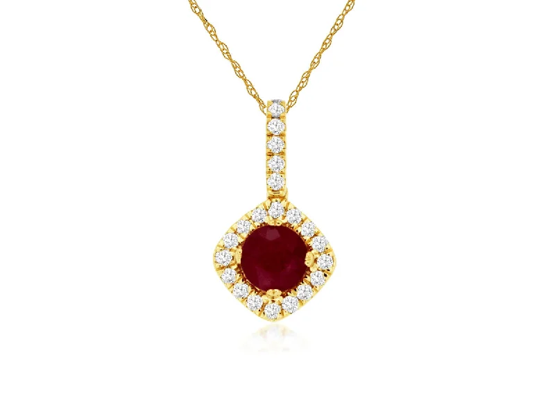 14K Yellow Gold Round Ruby Diamond Halo Pendant Necklace