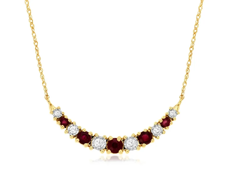 14K Yellow Gold Round Diamond and Ruby Curved Bar Necklace