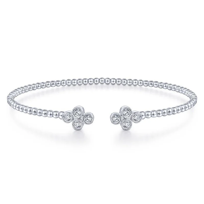 Gabriel & Co. - BG4124-62W45JJ - 14K White Gold Bujukan Bead Split Cuff Bracelet with Quatrefoil Diamond Endcaps