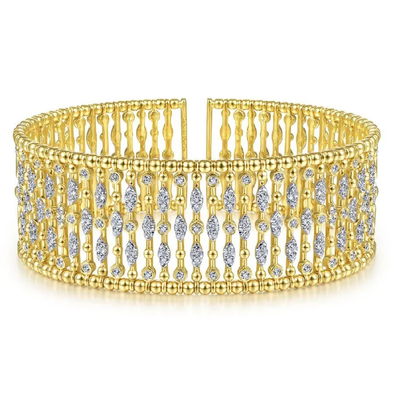 Gabriel & Co. - BG4295-62Y45JJ - Wide 14K Yellow Gold Cage Cuff Bracelet with Diamond Stations