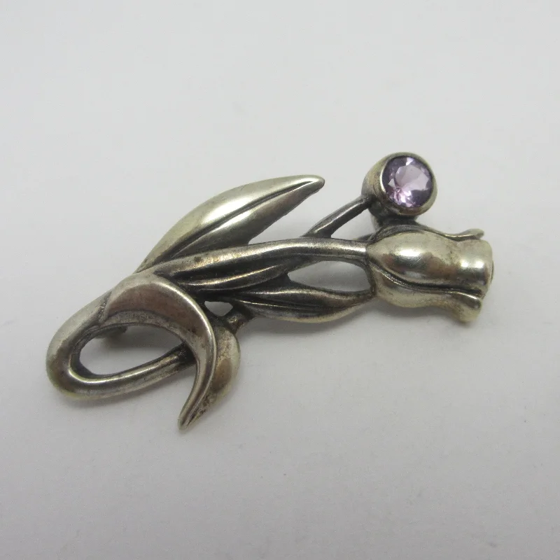 Amethyst Tulip Flower Sterling Silver Brooch Pin Vintage c1980