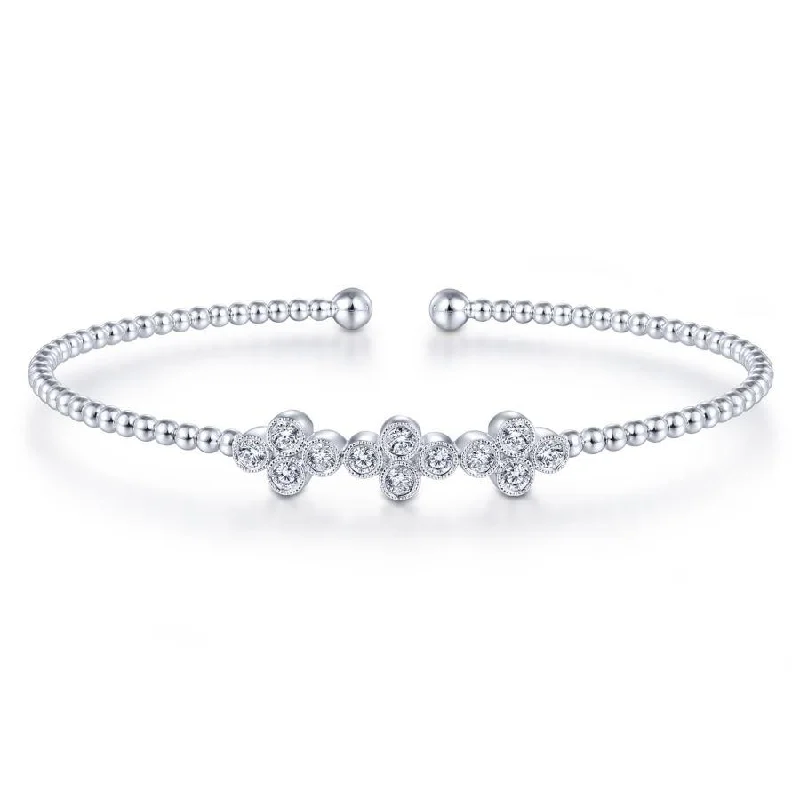 Gabriel & Co. - BG4115-62W45JJ - 14K White Gold Bujukan Bead Cuff Bracelet with Three Quatrefoil Diamond Stations