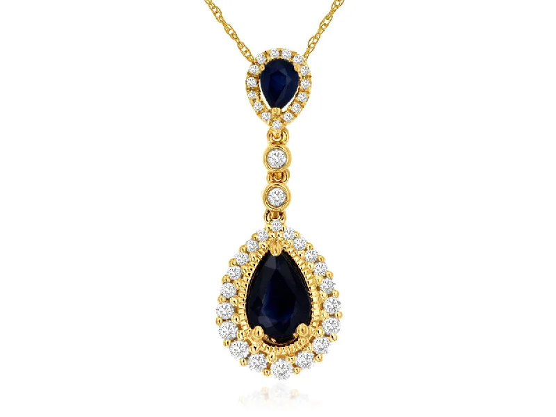 14K Yellow Gold Pear Shaped Sapphire Diamond Pendant Necklace