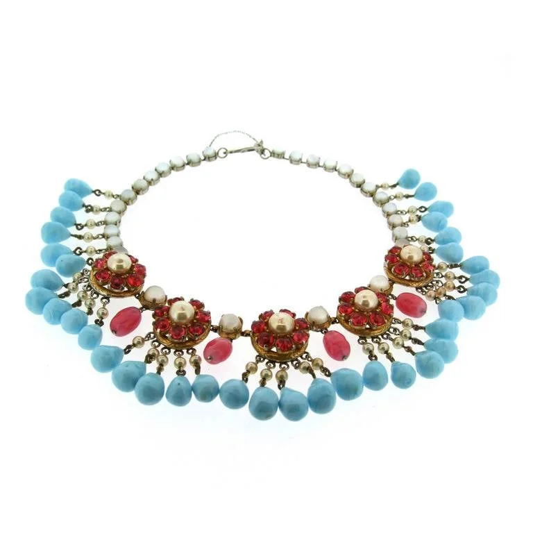 Mitchell Maer for Christian Dior Vintage Necklace Turquoise Ruby Glass 1950