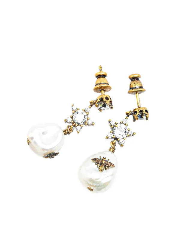 Gold Plated Crystal Star Bee Faux Pearl Drop Earrings