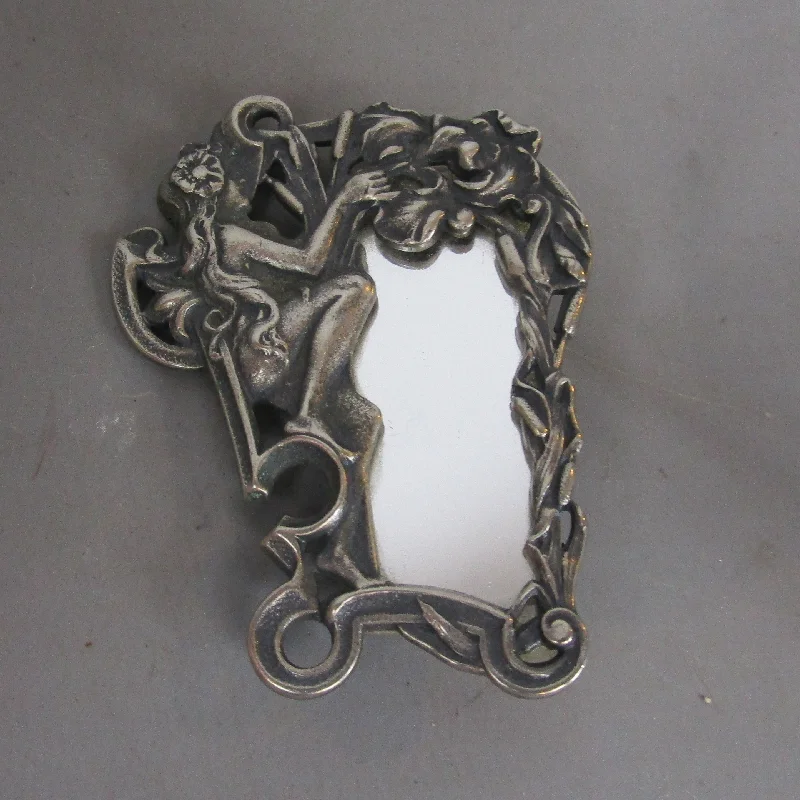 White Metal Mirrored Nymph Brooch Art Nouveau c1910