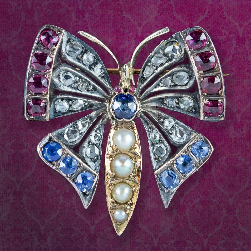 Antique Victorian Butterfly Brooch Diamond Pearl Ruby Sapphire