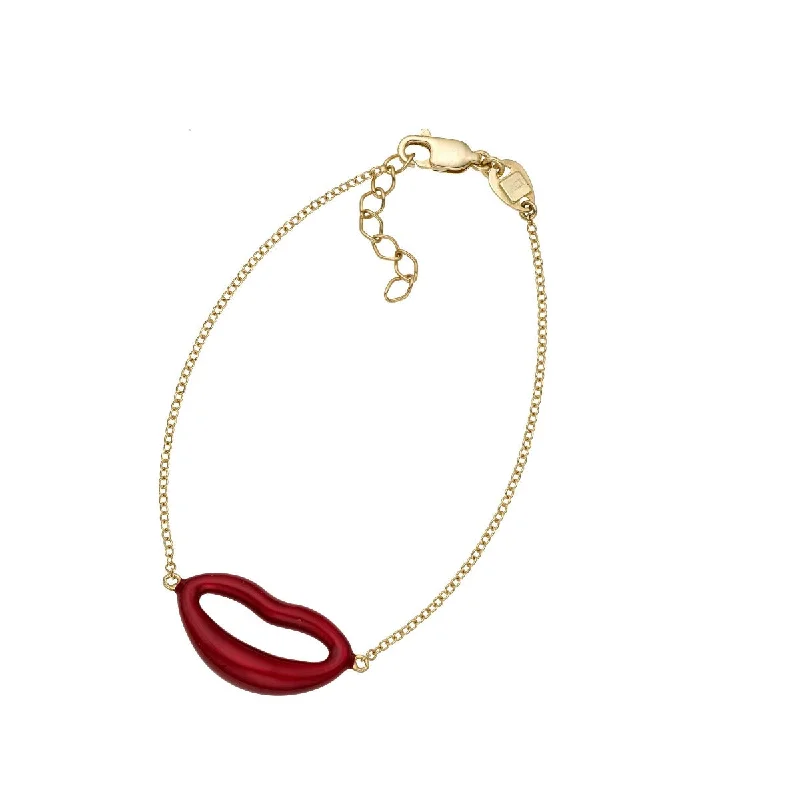 14K Yellow Gold 7" Lipstick Red Enamel Italian Kiss Bracelet with Extender RC5584-07