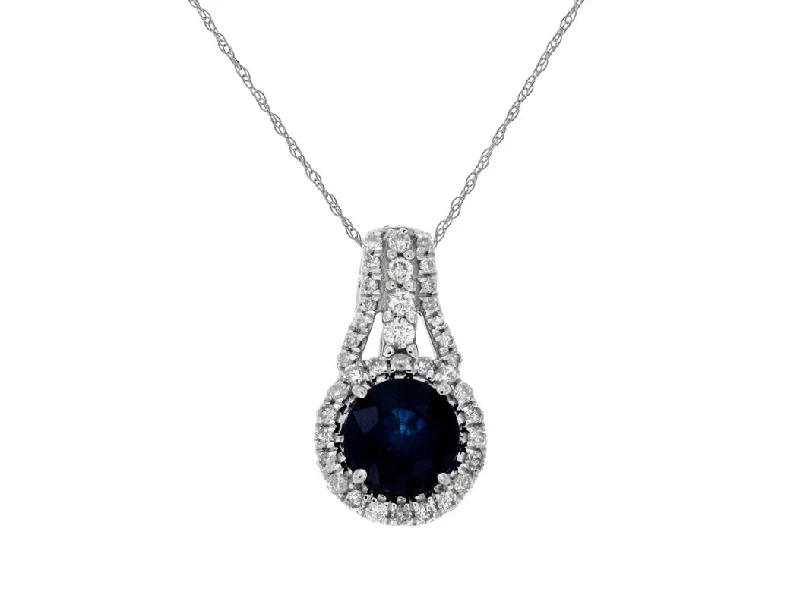 14K White Gold Round Sapphire and Diamond Halo Pendant Necklace