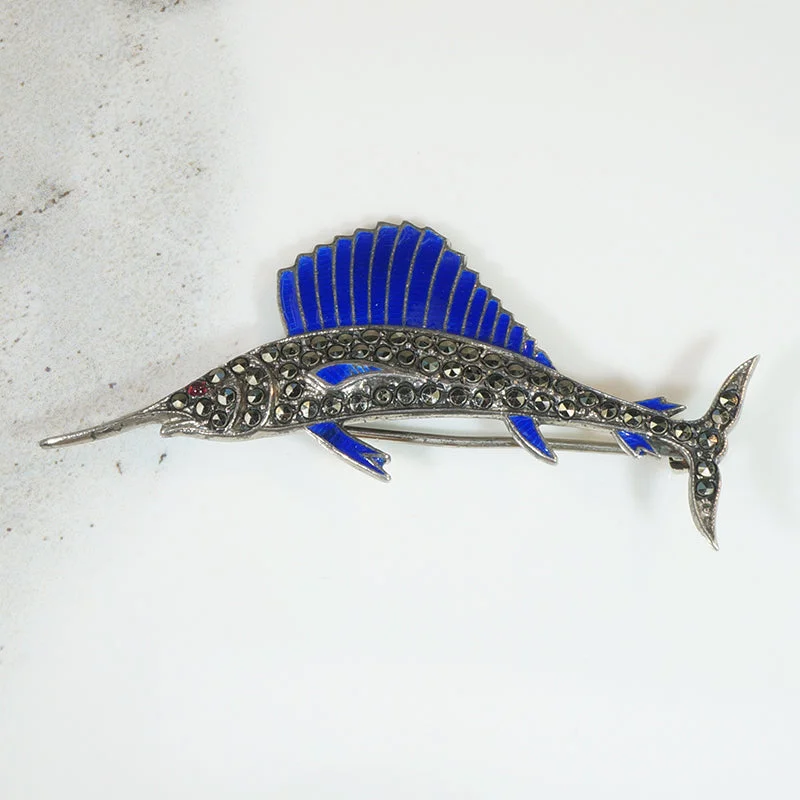 Sterling & Marcasite Sailfish Brooch with Enameled Fins