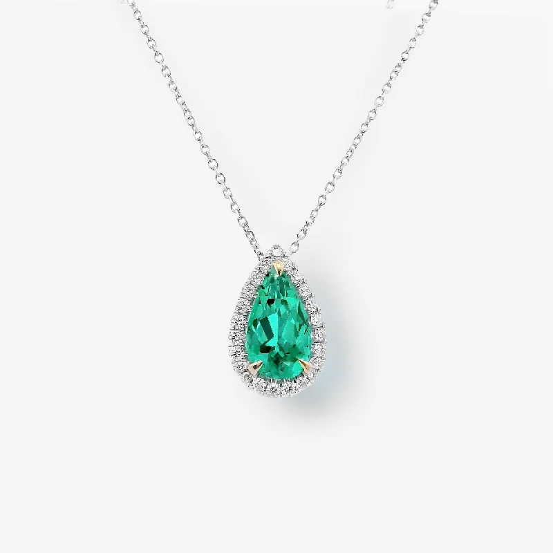 1.44CT Pear Shaped Emerald & Diamond Halo Necklace