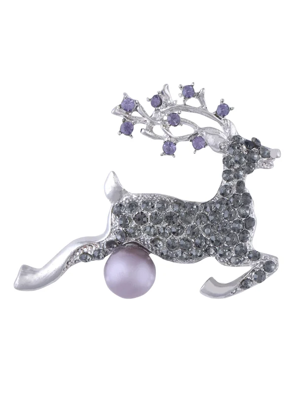 Classic Embellished with Diamonds Deer Pearl Brooch Pin