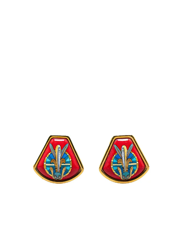 Enamel Cloisonne Clip-On Earrings with Gold-Plated Hardware