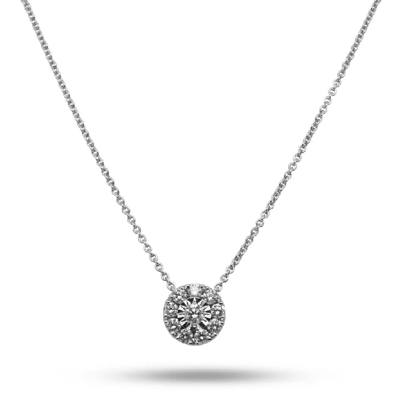 14k White Gold Wave Design Round Diamond Pendant Necklace