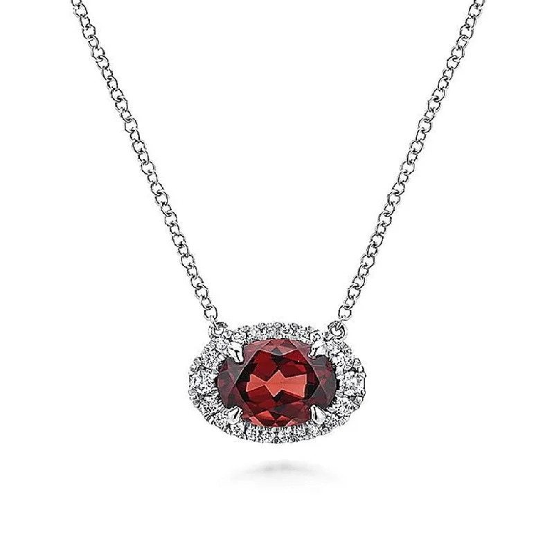 Gabriel & Co. 14K White Gold Oval Garnet and Diamond Halo Pendant Necklace