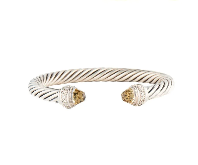 David Yurman Cable Quartz and 0.41ctw Pave Diamonds Cuff Bracelet in Sterling