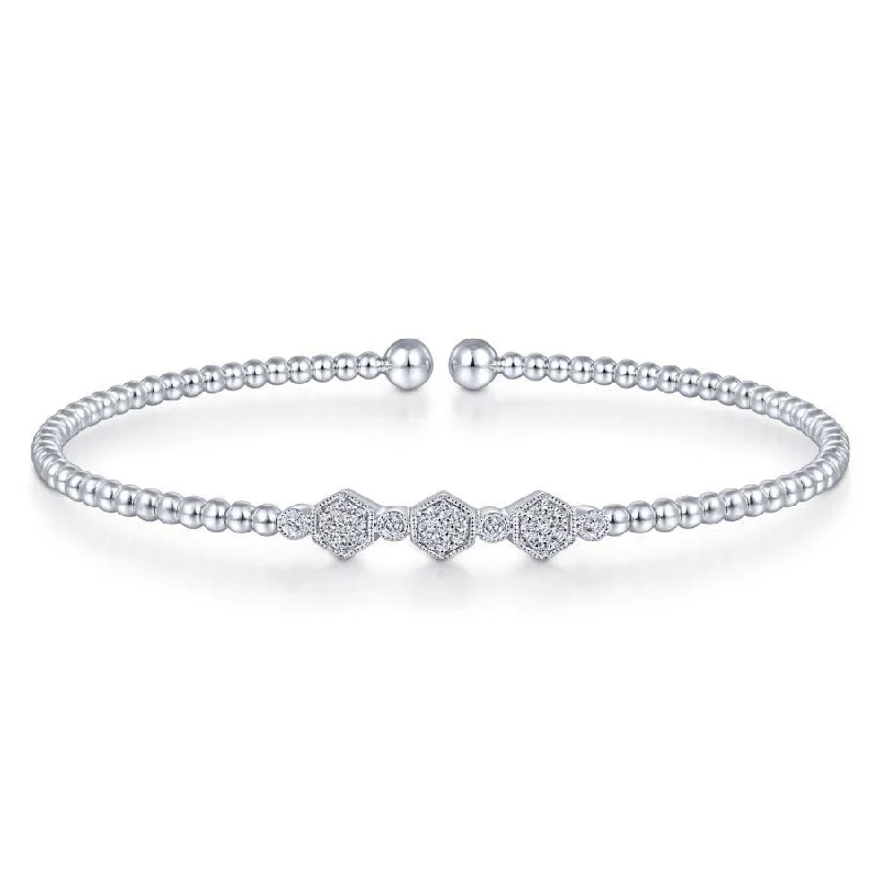 Gabriel & Co. - BG4117-62W45JJ - 14K White Gold Bujukan Bead Cuff Bracelet with Cluster Diamond Hexagon Stations