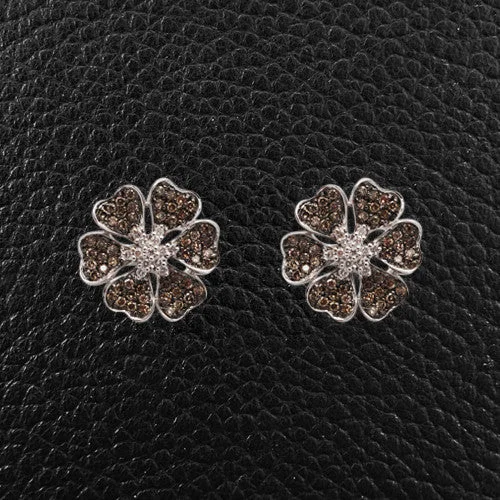 White & Brown Diamond Flower Earrings