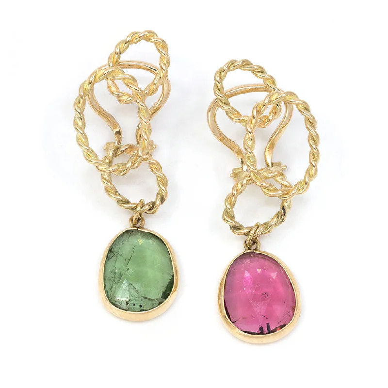 Three Coiled Oval Loop Earring with Red & Green Tourmaline Pendants