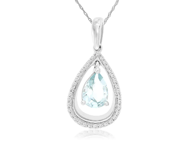 14K White Gold Pear Shape Aquamarine with Pear Halo Dangle Pendant Necklace