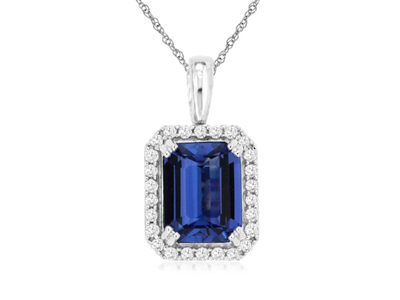 14K White Gold Emerald Cut Tanzanite Diamond Halo Pendant Necklace