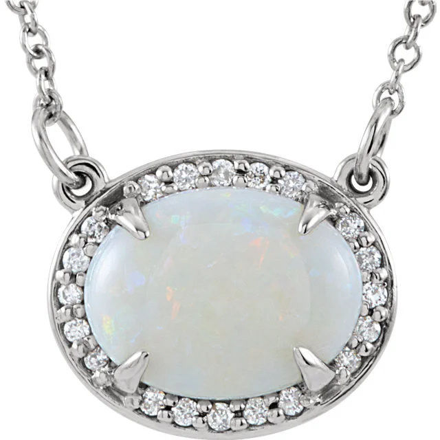 14k Gold 9x7mm Australian Opal & .05 CTW Diamond Halo Necklace