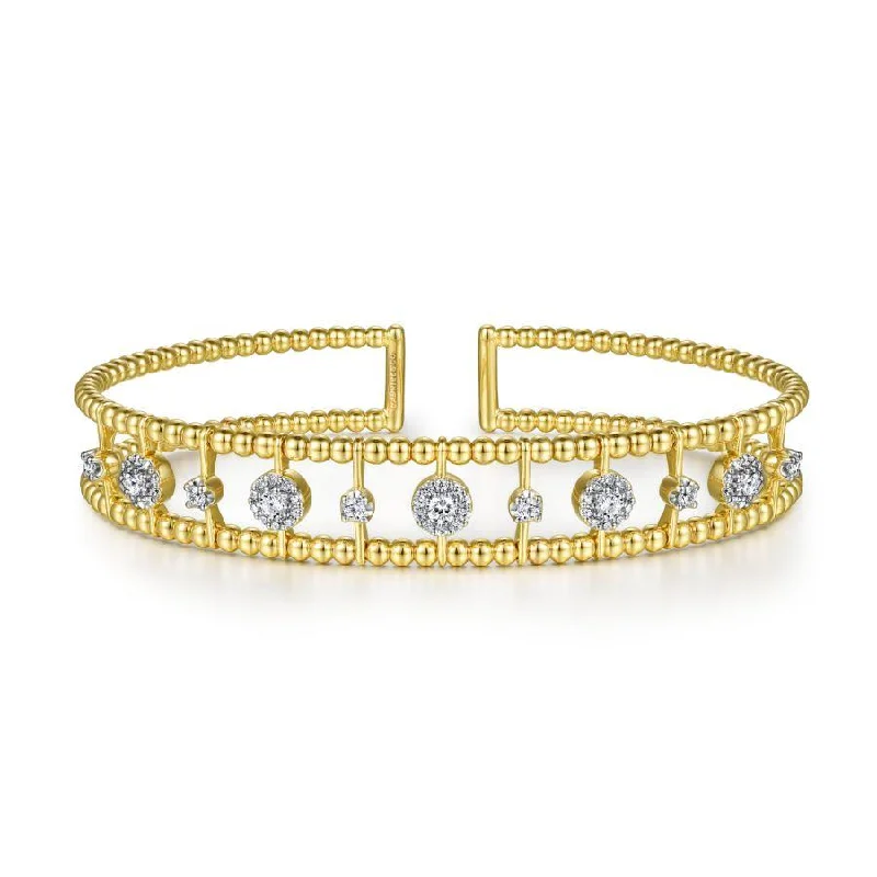 Gabriel & Co. - BG4613-62Y45JJ - 14K Yellow Gold Bujukan Bead Cuff Bracelet with Diamond Cluster and Bezel Connectors