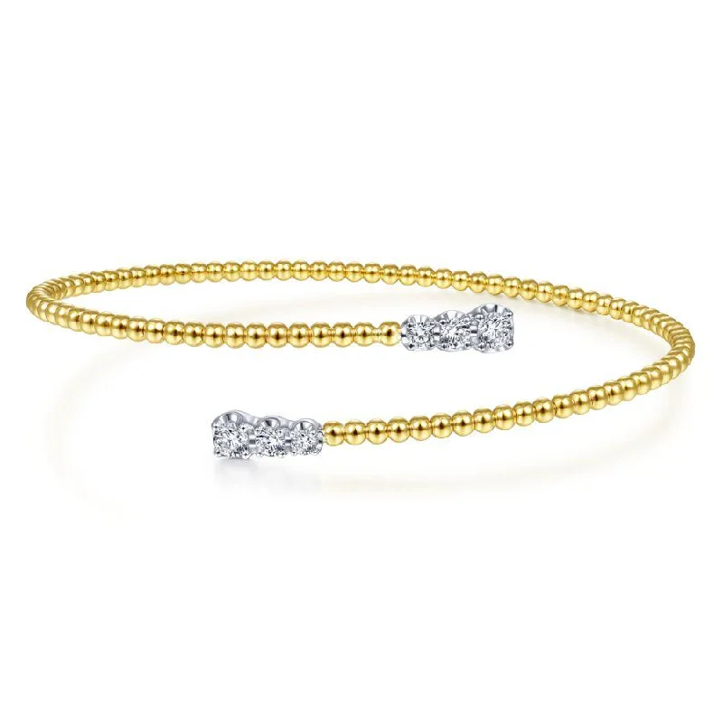 Gabriel & Co. - BG4278-62M45JJ - 14K Yellow Gold Bujukan Bead Bypass Bangle with Graduating Diamond Caps