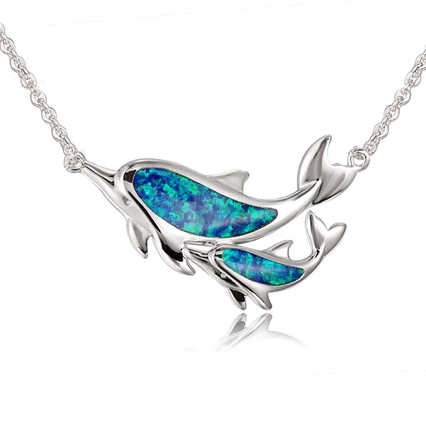 Sterling Silver Alamea Hawaii Blue Opal Dolphin and Baby Calf Necklace